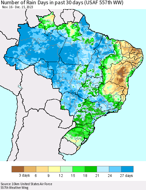 Brazil Number of Rain Days in past 30 days (USAF 557th WW) 12/15/2023 Thematic Map For 12/11/2023 - 12/15/2023