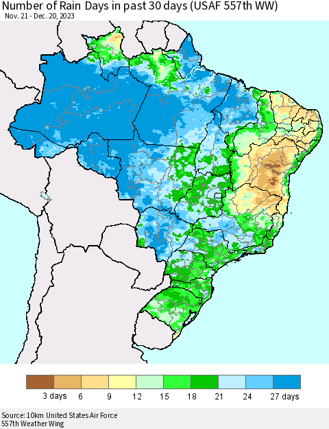 Brazil Number of Rain Days in past 30 days (USAF 557th WW) 12/20/2023 Thematic Map For 12/16/2023 - 12/20/2023