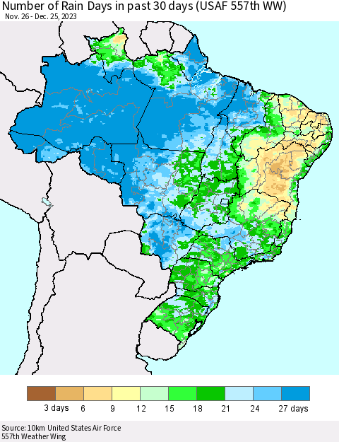 Brazil Number of Rain Days in past 30 days (USAF 557th WW) 12/25/2023 Thematic Map For 12/21/2023 - 12/25/2023