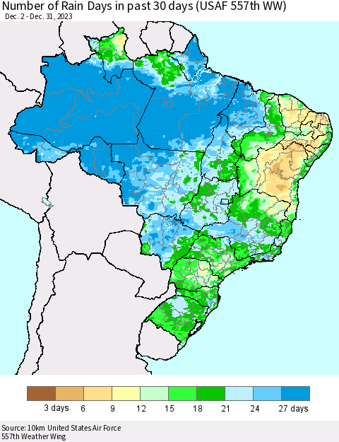 Brazil Number of Rain Days in past 30 days (USAF 557th WW) 12/31/2023 Thematic Map For 12/26/2023 - 12/31/2023
