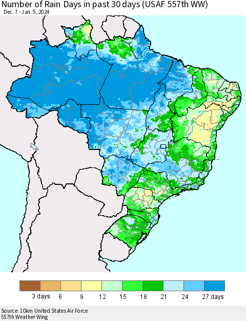 Brazil Number of Rain Days in past 30 days (USAF 557th WW) 01/05/2024 Thematic Map For 1/1/2024 - 1/5/2024