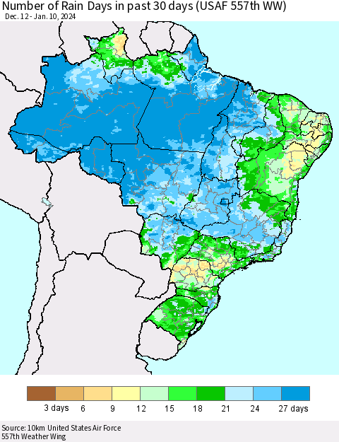 Brazil Number of Rain Days in past 30 days (USAF 557th WW) 01/10/2024 Thematic Map For 1/6/2024 - 1/10/2024