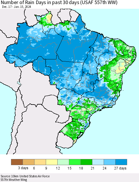 Brazil Number of Rain Days in past 30 days (USAF 557th WW) 01/15/2024 Thematic Map For 1/11/2024 - 1/15/2024