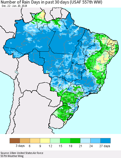 Brazil Number of Rain Days in past 30 days (USAF 557th WW) 01/20/2024 Thematic Map For 1/16/2024 - 1/20/2024