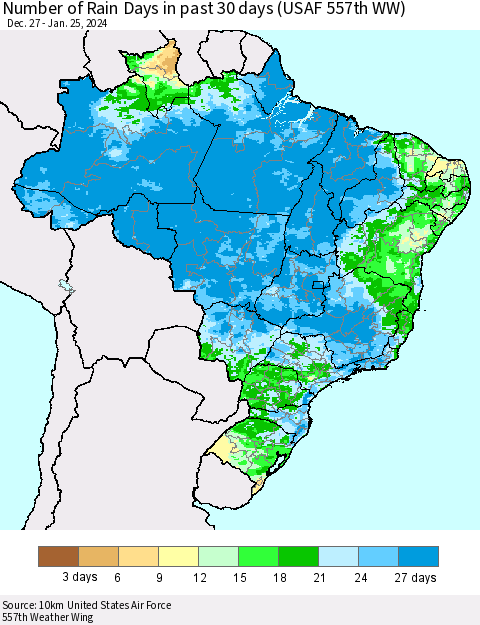 Brazil Number of Rain Days in past 30 days (USAF 557th WW) 01/25/2024 Thematic Map For 1/21/2024 - 1/25/2024