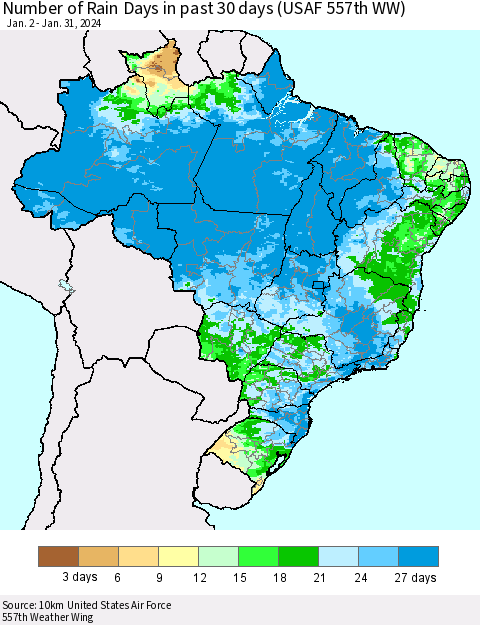 Brazil Number of Rain Days in past 30 days (USAF 557th WW) 01/31/2024 Thematic Map For 1/26/2024 - 1/31/2024