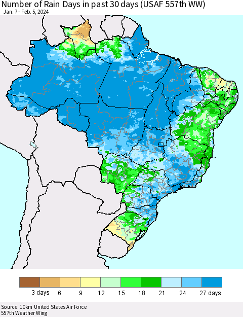 Brazil Number of Rain Days in past 30 days (USAF 557th WW) 02/05/2024 Thematic Map For 2/1/2024 - 2/5/2024