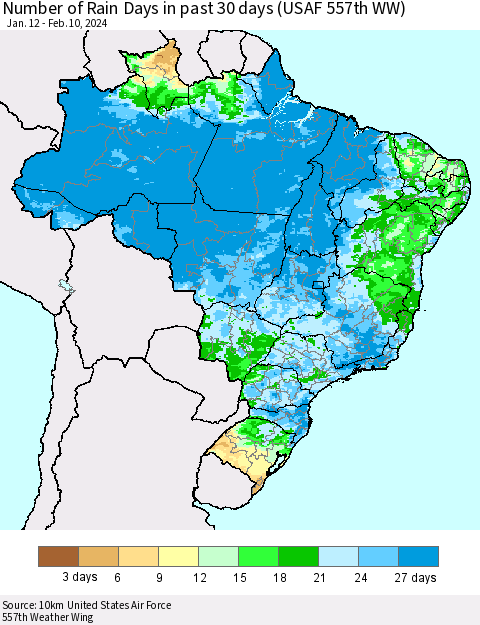 Brazil Number of Rain Days in past 30 days (USAF 557th WW) 02/10/2024 Thematic Map For 2/6/2024 - 2/10/2024