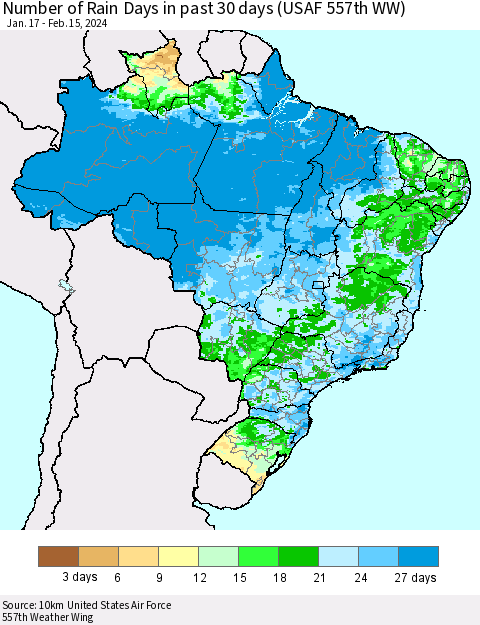 Brazil Number of Rain Days in past 30 days (USAF 557th WW) 02/15/2024 Thematic Map For 2/11/2024 - 2/15/2024