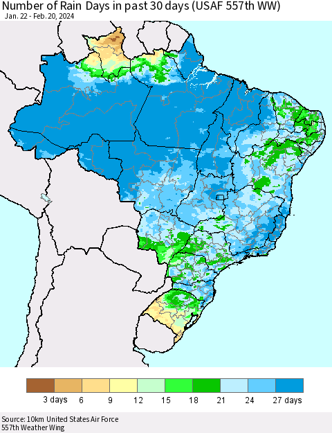 Brazil Number of Rain Days in past 30 days (USAF 557th WW) 02/20/2024 Thematic Map For 2/16/2024 - 2/20/2024