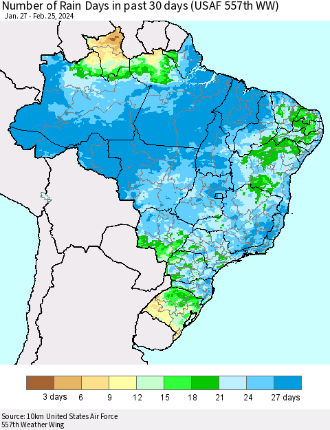 Brazil Number of Rain Days in past 30 days (USAF 557th WW) 02/25/2024 Thematic Map For 2/21/2024 - 2/25/2024