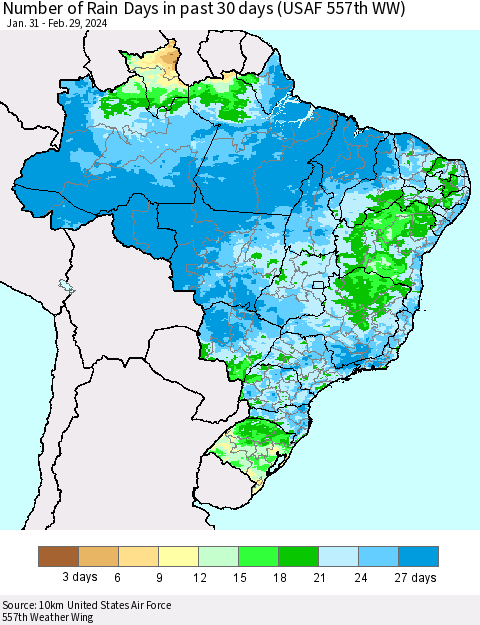 Brazil Number of Rain Days in past 30 days (USAF 557th WW) 02/29/2024 Thematic Map For 2/26/2024 - 2/29/2024