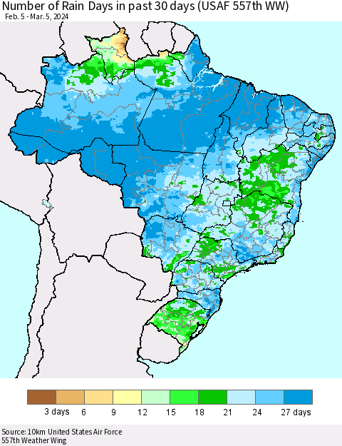 Brazil Number of Rain Days in past 30 days (USAF 557th WW) 03/05/2024 Thematic Map For 3/1/2024 - 3/5/2024