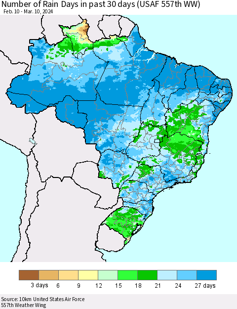 Brazil Number of Rain Days in past 30 days (USAF 557th WW) 03/10/2024 Thematic Map For 3/6/2024 - 3/10/2024