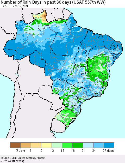 Brazil Number of Rain Days in past 30 days (USAF 557th WW) 03/15/2024 Thematic Map For 3/11/2024 - 3/15/2024