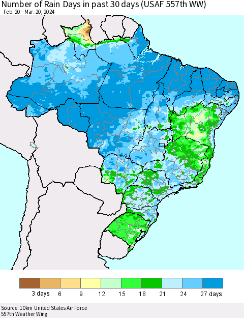 Brazil Number of Rain Days in past 30 days (USAF 557th WW) 03/20/2024 Thematic Map For 3/16/2024 - 3/20/2024