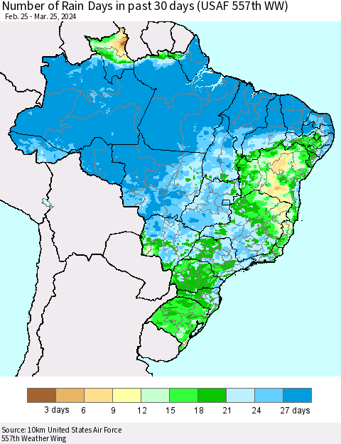 Brazil Number of Rain Days in past 30 days (USAF 557th WW) 03/25/2024 Thematic Map For 3/21/2024 - 3/25/2024