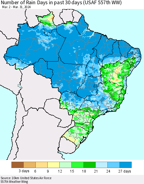 Brazil Number of Rain Days in past 30 days (USAF 557th WW) 03/31/2024 Thematic Map For 3/26/2024 - 3/31/2024