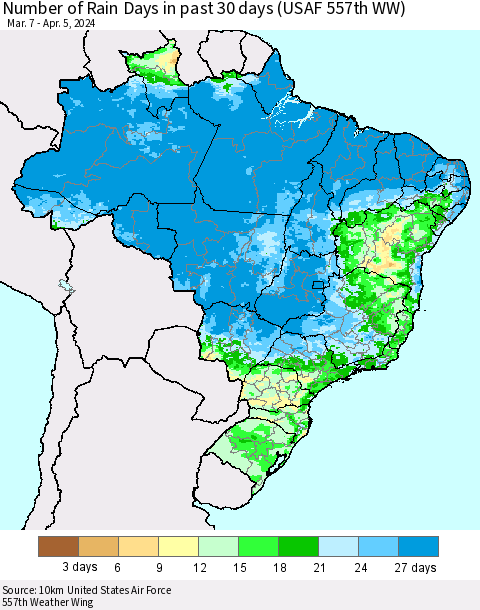 Brazil Number of Rain Days in past 30 days (USAF 557th WW) 04/05/2024 Thematic Map For 4/1/2024 - 4/5/2024