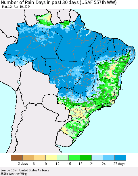 Brazil Number of Rain Days in past 30 days (USAF 557th WW) 04/10/2024 Thematic Map For 4/6/2024 - 4/10/2024