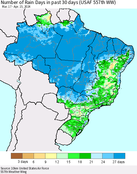 Brazil Number of Rain Days in past 30 days (USAF 557th WW) 04/15/2024 Thematic Map For 4/11/2024 - 4/15/2024
