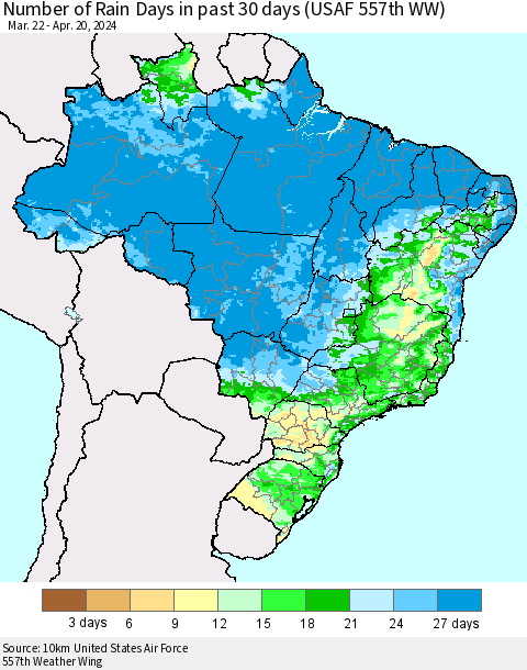 Brazil Number of Rain Days in past 30 days (USAF 557th WW) 04/20/2024 Thematic Map For 4/16/2024 - 4/20/2024
