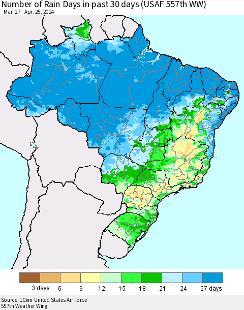 Brazil Number of Rain Days in past 30 days (USAF 557th WW) 04/25/2024 Thematic Map For 4/21/2024 - 4/25/2024