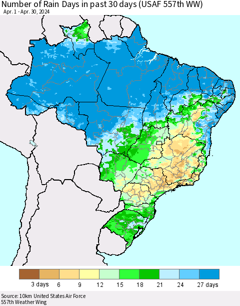 Brazil Number of Rain Days in past 30 days (USAF 557th WW) 04/30/2024 Thematic Map For 4/26/2024 - 4/30/2024