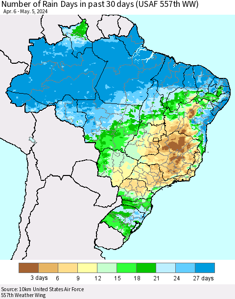Brazil Number of Rain Days in past 30 days (USAF 557th WW) 05/05/2024 Thematic Map For 5/1/2024 - 5/5/2024