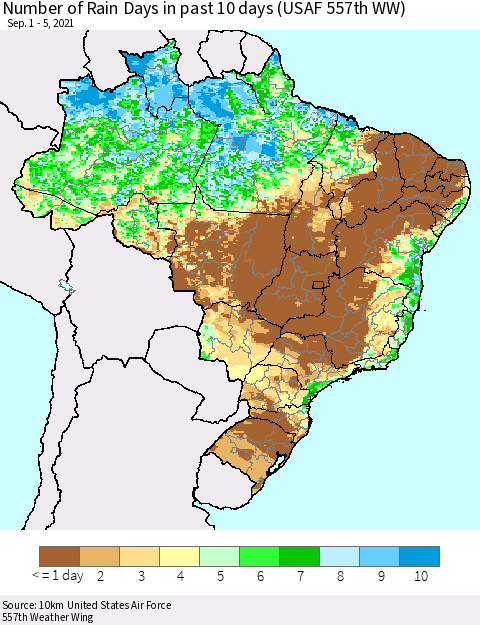 Brazil Number of Rain Days in past 10 days (USAF 557th WW) Thematic Map For 9/1/2021 - 9/5/2021