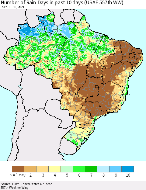 Brazil Number of Rain Days in past 10 days (USAF 557th WW) Thematic Map For 9/6/2021 - 9/10/2021