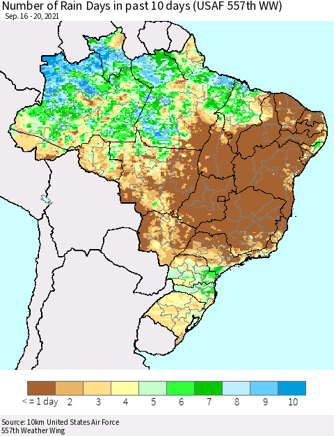 Brazil Number of Rain Days in past 10 days (USAF 557th WW) Thematic Map For 9/16/2021 - 9/20/2021