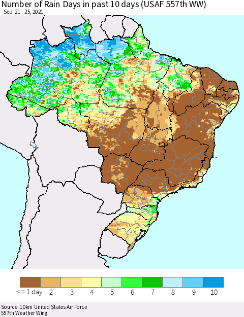 Brazil Number of Rain Days in past 10 days (USAF 557th WW) Thematic Map For 9/21/2021 - 9/25/2021