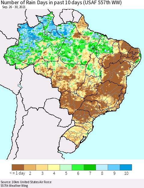 Brazil Number of Rain Days in past 10 days (USAF 557th WW) Thematic Map For 9/26/2021 - 9/30/2021