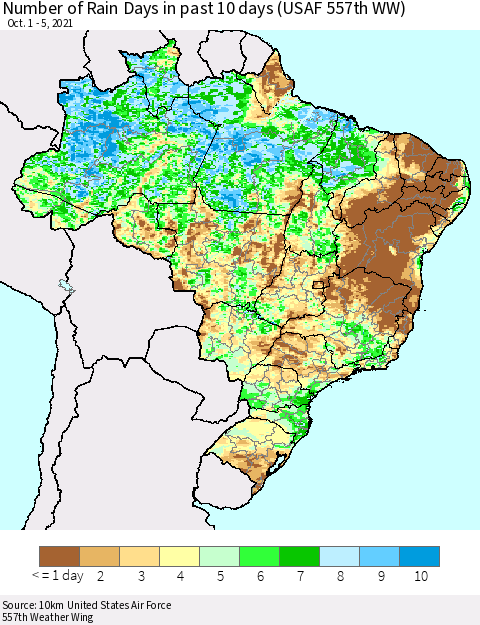 Brazil Number of Rain Days in past 10 days (USAF 557th WW) Thematic Map For 10/1/2021 - 10/5/2021