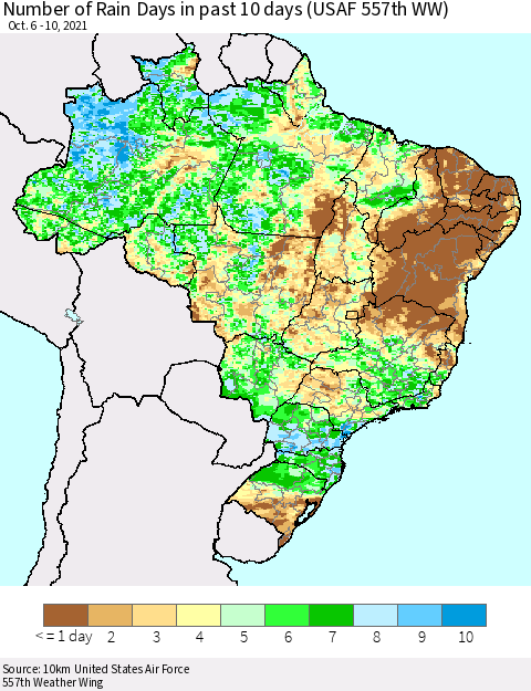 Brazil Number of Rain Days in past 10 days (USAF 557th WW) Thematic Map For 10/6/2021 - 10/10/2021