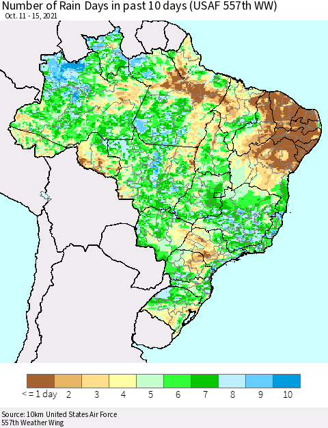 Brazil Number of Rain Days in past 10 days (USAF 557th WW) Thematic Map For 10/11/2021 - 10/15/2021