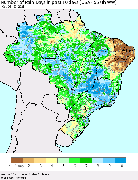 Brazil Number of Rain Days in past 10 days (USAF 557th WW) Thematic Map For 10/16/2021 - 10/20/2021