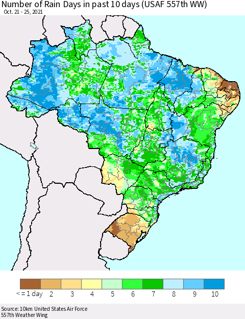 Brazil Number of Rain Days in past 10 days (USAF 557th WW) Thematic Map For 10/21/2021 - 10/25/2021