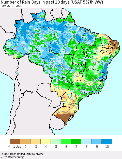 Brazil Number of Rain Days in past 10 days (USAF 557th WW) Thematic Map For 10/26/2021 - 10/31/2021