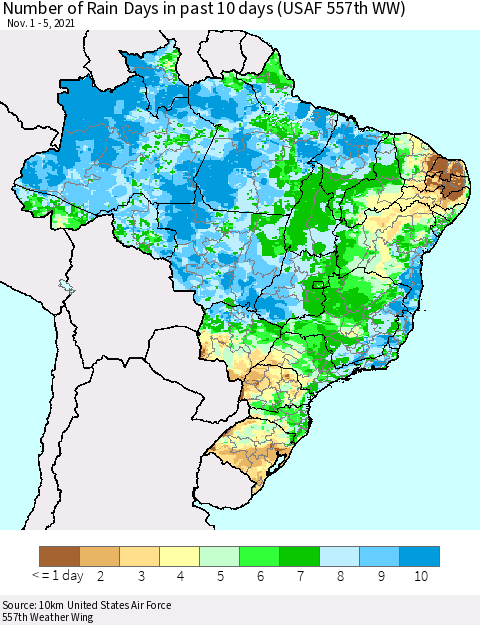 Brazil Number of Rain Days in past 10 days (USAF 557th WW) Thematic Map For 11/1/2021 - 11/5/2021