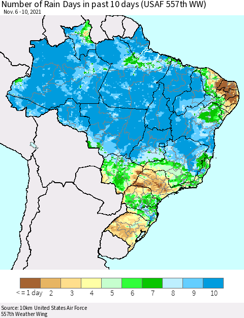 Brazil Number of Rain Days in past 10 days (USAF 557th WW) Thematic Map For 11/6/2021 - 11/10/2021