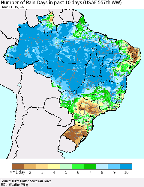 Brazil Number of Rain Days in past 10 days (USAF 557th WW) Thematic Map For 11/11/2021 - 11/15/2021