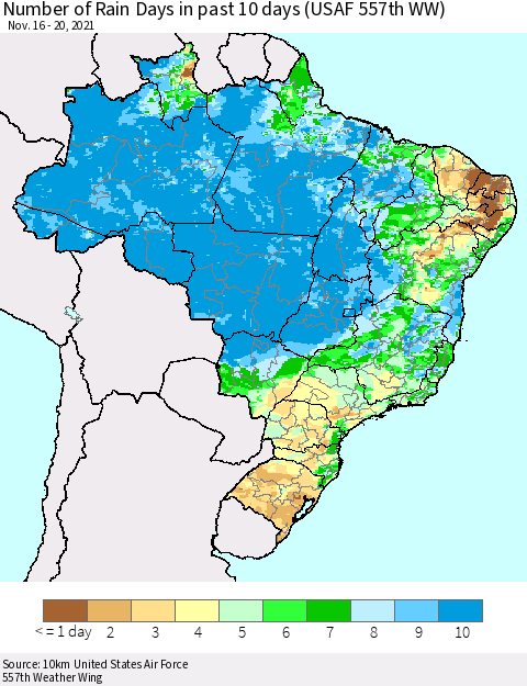Brazil Number of Rain Days in past 10 days (USAF 557th WW) Thematic Map For 11/16/2021 - 11/20/2021