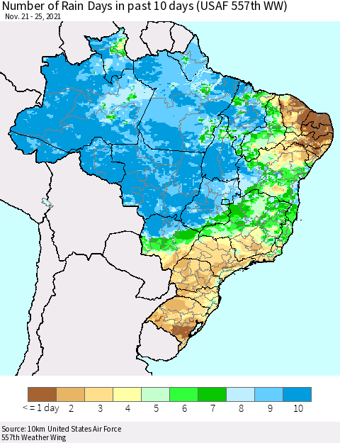 Brazil Number of Rain Days in past 10 days (USAF 557th WW) Thematic Map For 11/21/2021 - 11/25/2021