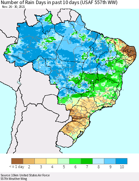 Brazil Number of Rain Days in past 10 days (USAF 557th WW) Thematic Map For 11/26/2021 - 11/30/2021