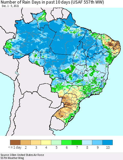 Brazil Number of Rain Days in past 10 days (USAF 557th WW) Thematic Map For 12/1/2021 - 12/5/2021
