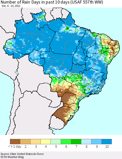 Brazil Number of Rain Days in past 10 days (USAF 557th WW) Thematic Map For 12/6/2021 - 12/10/2021