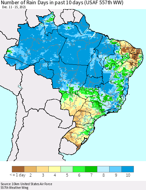 Brazil Number of Rain Days in past 10 days (USAF 557th WW) Thematic Map For 12/11/2021 - 12/15/2021