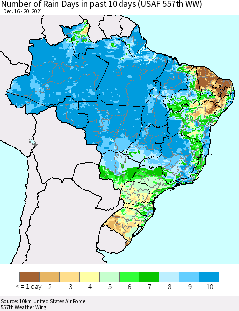 Brazil Number of Rain Days in past 10 days (USAF 557th WW) Thematic Map For 12/16/2021 - 12/20/2021